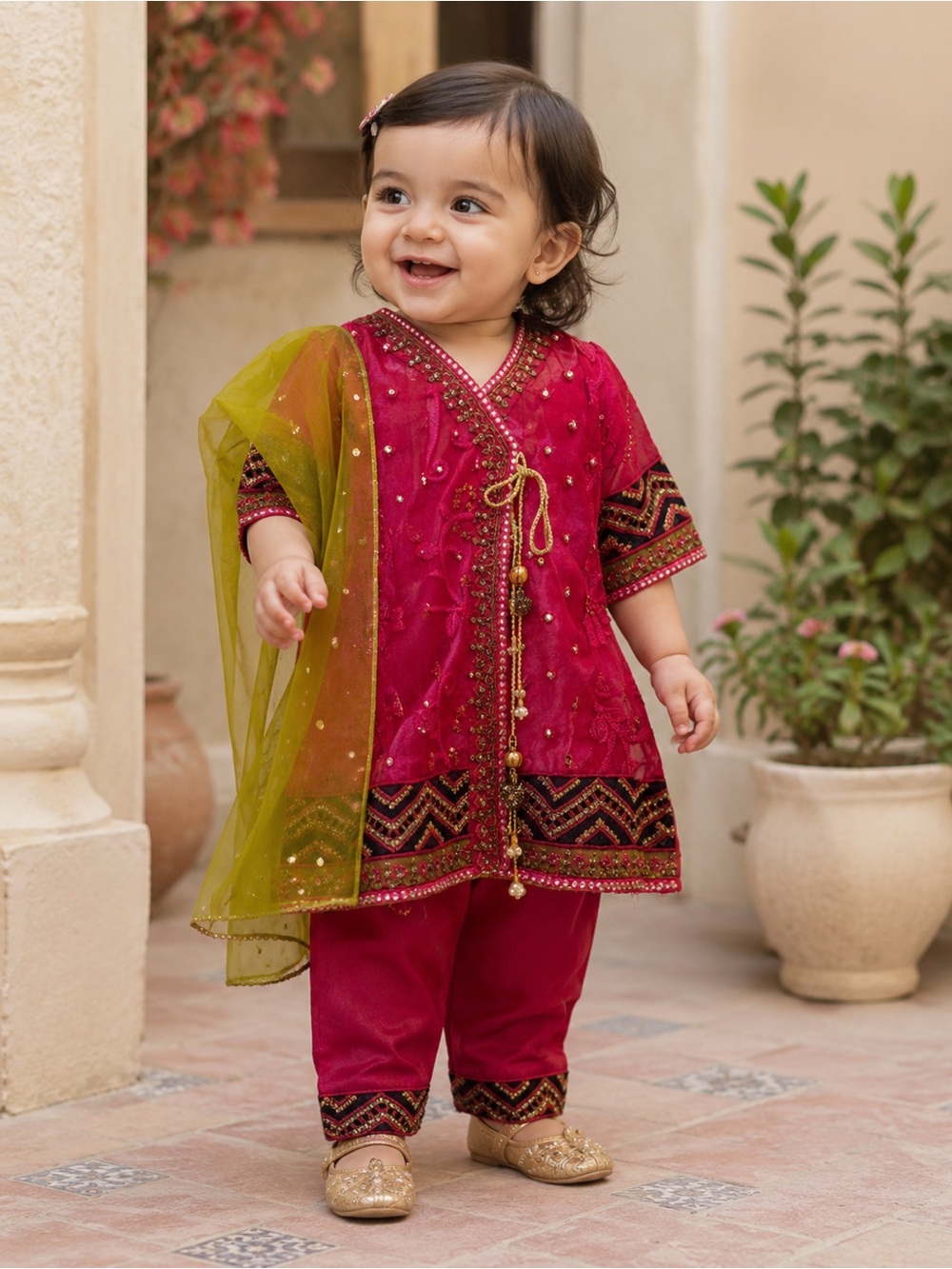 Bonanza Satrangi Girls' Pink Embroidered Formal Dress with Green Dupatta